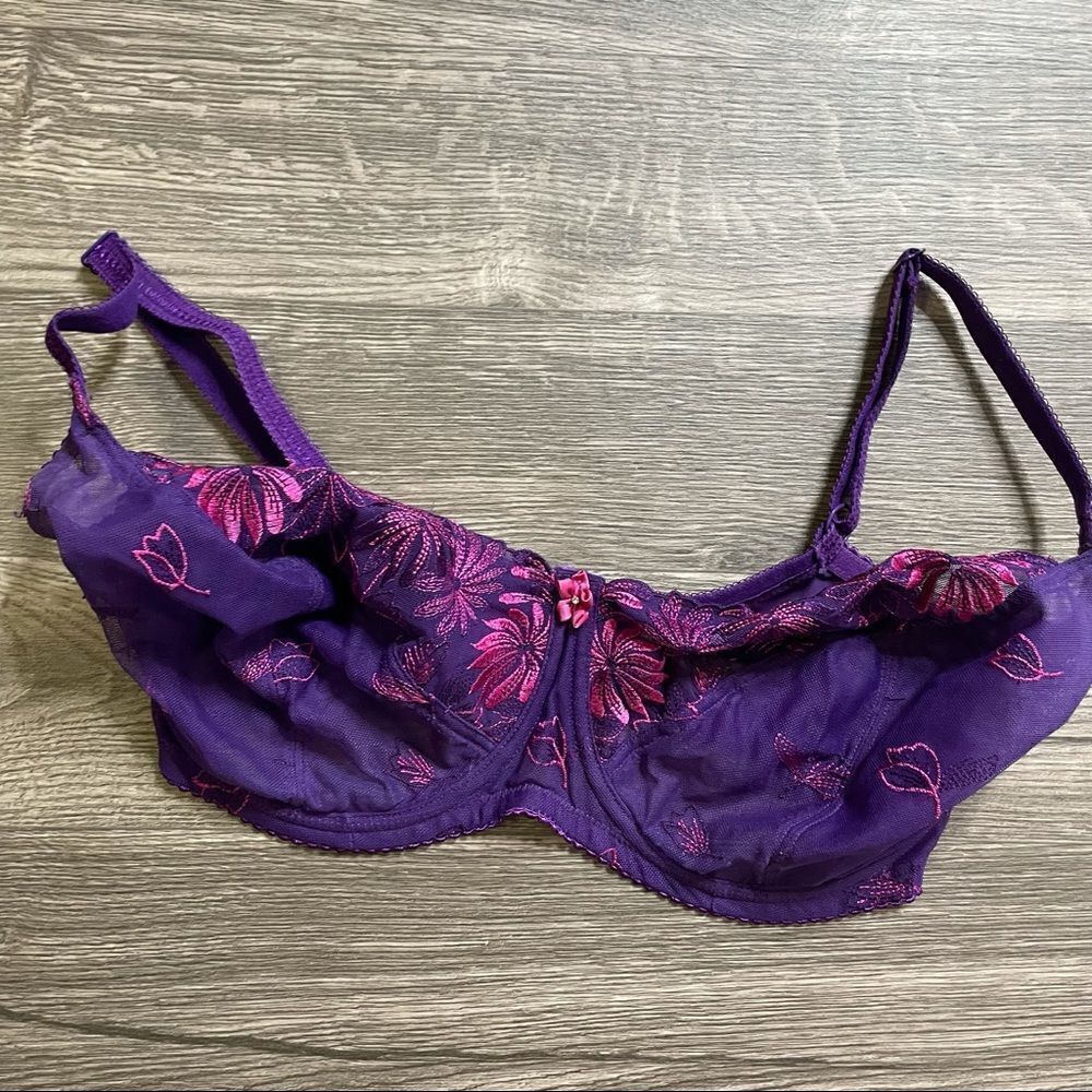 Pour Moi Full Cup Purple Pink Lace Embroidered Bra, 32HH UK, 32L USA - Picture 5 of 10